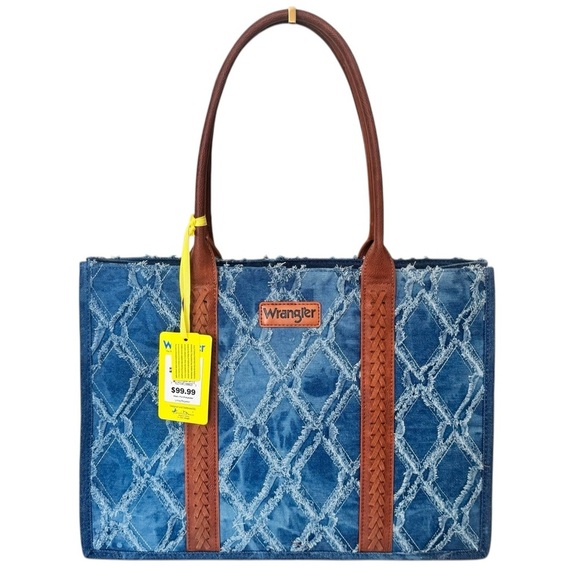 Brand New Wrangler Tote Bag - Blue Jean Color with Brown Leather Handles - Picture 1 of 13